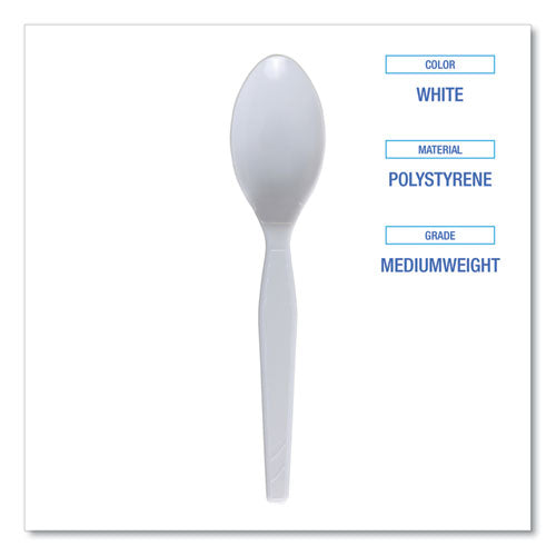 Image of Boardwalk® Mediumweight Polystyrene Cutlery, Spoon, Plastic, White, 100/Box, 10 Boxes/Carton