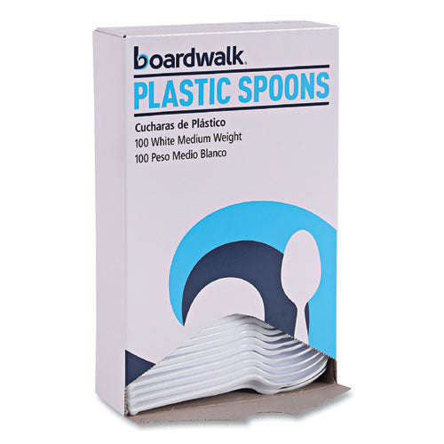 Image of Boardwalk® Mediumweight Polystyrene Cutlery, Spoon, Plastic, White, 100/Box, 10 Boxes/Carton