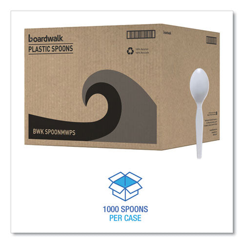 Image of Boardwalk® Mediumweight Polystyrene Cutlery, Spoon, Plastic, White, 100/Box, 10 Boxes/Carton
