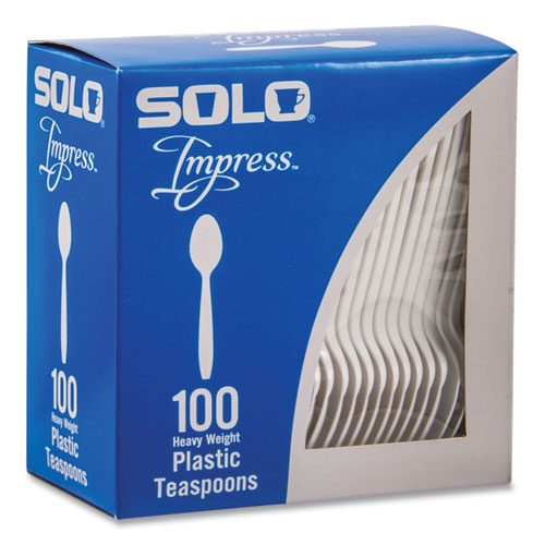 Image of SOLO® Impress Heavyweight Full-Length Polystyrene Cutlery, Spoon, Plastic, White, 100/Box, 10 Boxes/Carton