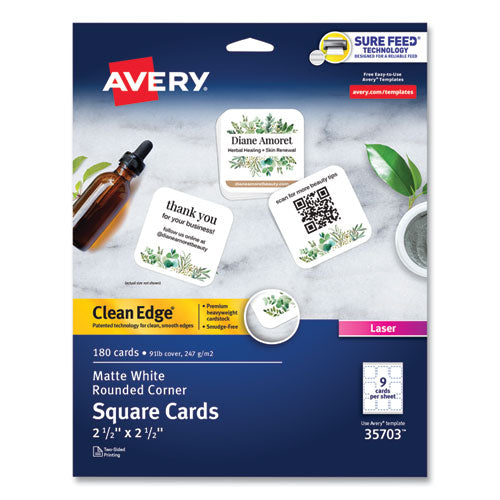 Image of Avery® Square Clean Edge Cards with Sure Feed Technology, Laser, 2.5 x 2.5, White, 180 Cards, 9 Cards/Sheet, 20 Sheets/Pack