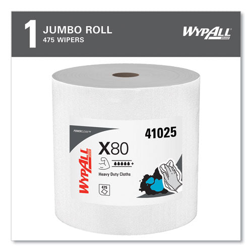 Image of WypAll® Power Clean X80 Heavy Duty Cloths, Jumbo Roll, 12.4 x 12.2, White, 475/Roll