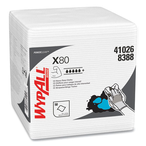 Image of WypAll® Power Clean X80 Heavy Duty Cloths, 1/4 Fold, 12.5 x 12, White, 50/Box, 4 Boxes/Carton