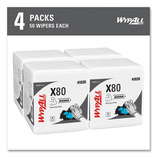 Image of WypAll® Power Clean X80 Heavy Duty Cloths, 1/4 Fold, 12.5 x 12, White, 50/Box, 4 Boxes/Carton