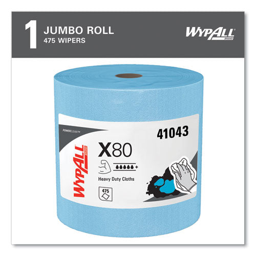 Image of WypAll® Power Clean X80 Heavy Duty Cloths, Jumbo Roll, 12.4 x 12.2, Blue, 475/Roll