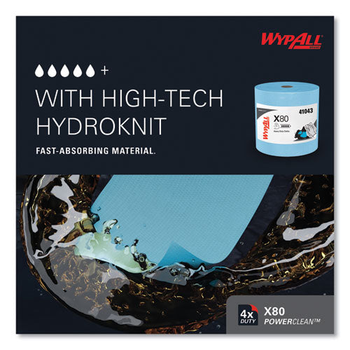 Image of WypAll® Power Clean X80 Heavy Duty Cloths, Jumbo Roll, 12.4 x 12.2, Blue, 475/Roll