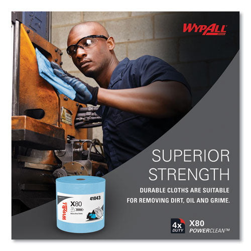 Image of WypAll® Power Clean X80 Heavy Duty Cloths, Jumbo Roll, 12.4 x 12.2, Blue, 475/Roll