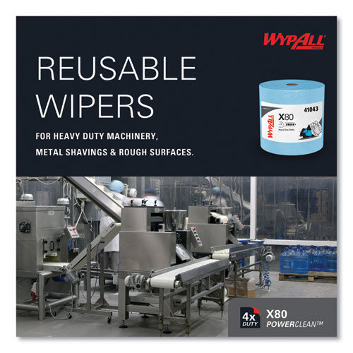 Image of WypAll® Power Clean X80 Heavy Duty Cloths, Jumbo Roll, 12.4 x 12.2, Blue, 475/Roll