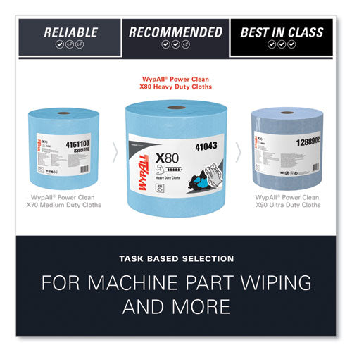 Image of WypAll® Power Clean X80 Heavy Duty Cloths, Jumbo Roll, 12.4 x 12.2, Blue, 475/Roll