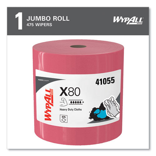 Image of WypAll® Power Clean X80 Heavy Duty Cloths, Jumbo Roll, 12.4 x 12.2, Red, 475 Wipers/Roll
