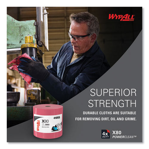Image of WypAll® Power Clean X80 Heavy Duty Cloths, Jumbo Roll, 12.4 x 12.2, Red, 475 Wipers/Roll
