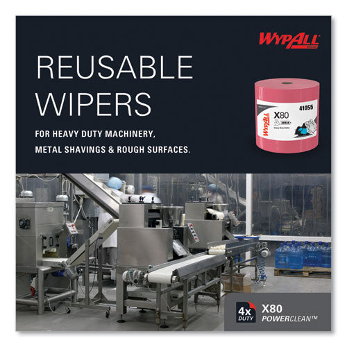 Image of WypAll® Power Clean X80 Heavy Duty Cloths, Jumbo Roll, 12.4 x 12.2, Red, 475 Wipers/Roll