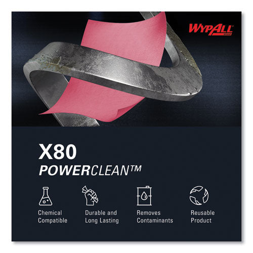 Image of WypAll® Power Clean X80 Heavy Duty Cloths, Jumbo Roll, 12.4 x 12.2, Red, 475 Wipers/Roll