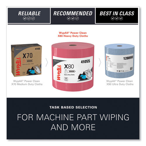 Image of WypAll® Power Clean X80 Heavy Duty Cloths, Jumbo Roll, 12.4 x 12.2, Red, 475 Wipers/Roll