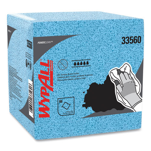 Image of WypAll® Power Clean Oil, Grease and Ink Cloths, 1/4 Fold, 12.5 x 12, Blue, 66/Box, 8 Boxes/Carton