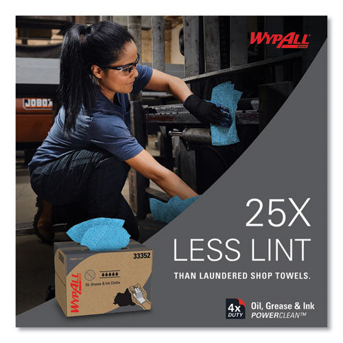 Image of WypAll® Power Clean Oil, Grease and Ink Cloths, 1/4 Fold, 12.5 x 12, Blue, 66/Box, 8 Boxes/Carton