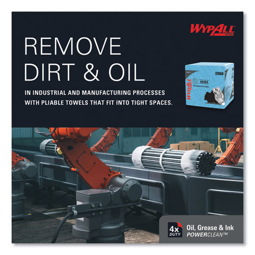 Image of WypAll® Power Clean Oil, Grease and Ink Cloths, 1/4 Fold, 12.5 x 12, Blue, 66/Box, 8 Boxes/Carton