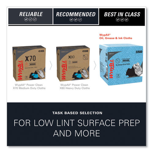 Image of WypAll® Power Clean Oil, Grease and Ink Cloths, 1/4 Fold, 12.5 x 12, Blue, 66/Box, 8 Boxes/Carton