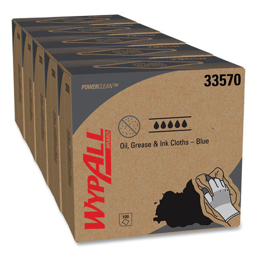 Image of WypAll® Power Clean Oil, Grease and Ink Cloths, POP-UP Box, 8.8 x 16.8, Blue, 100/Box, 5/Carton