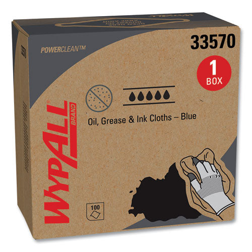 Image of WypAll® Power Clean Oil, Grease and Ink Cloths, POP-UP Box, 8.8 x 16.8, Blue, 100/Box, 5/Carton