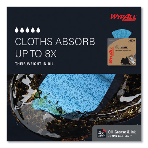 Image of WypAll® Power Clean Oil, Grease and Ink Cloths, POP-UP Box, 8.8 x 16.8, Blue, 100/Box, 5/Carton