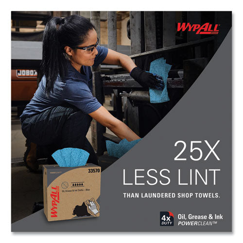 Image of WypAll® Power Clean Oil, Grease and Ink Cloths, POP-UP Box, 8.8 x 16.8, Blue, 100/Box, 5/Carton