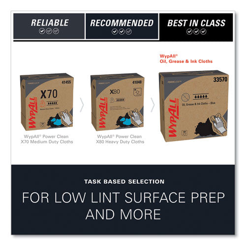 Image of WypAll® Power Clean Oil, Grease and Ink Cloths, POP-UP Box, 8.8 x 16.8, Blue, 100/Box, 5/Carton