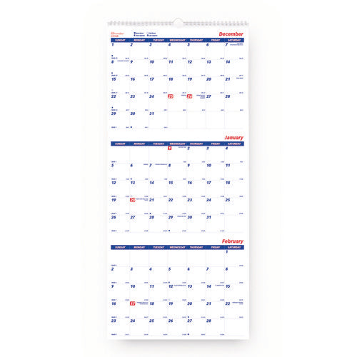 Image of Brownline® Three-Month Wall Calendar, 12.25" x 27", White/Blue Sheets, 14-Months: Dec 2024 to Jan 2026