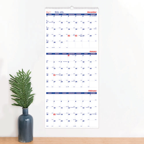 Image of Brownline® Three-Month Wall Calendar, 12.25" x 27", White/Blue Sheets, 14-Months: Dec 2024 to Jan 2026