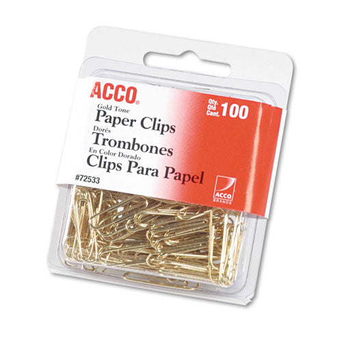 Image of ACCO Gold Tone Paper Clips, #2, Smooth, Gold, 100/Box