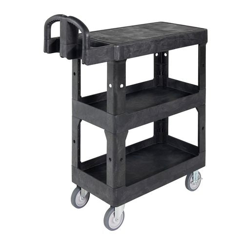Image of Rubbermaid® Commercial BRUTE 3-Shelf Heavy-Duty Ergo Flat Utility Cart, Resin, 3 Shelves, 600 lb Capacity, 25.24" x 48.63" x 46.18", Black