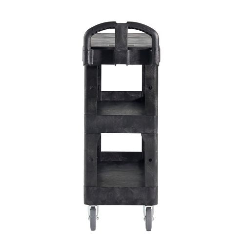 Image of Rubbermaid® Commercial BRUTE 3-Shelf Heavy-Duty Ergo Flat Utility Cart, Resin, 3 Shelves, 600 lb Capacity, 25.24" x 48.63" x 46.18", Black