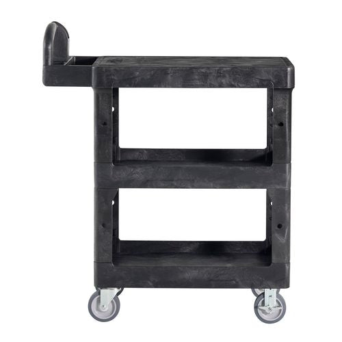 Image of Rubbermaid® Commercial BRUTE 3-Shelf Heavy-Duty Ergo Flat Utility Cart, Resin, 3 Shelves, 600 lb Capacity, 25.24" x 48.63" x 46.18", Black