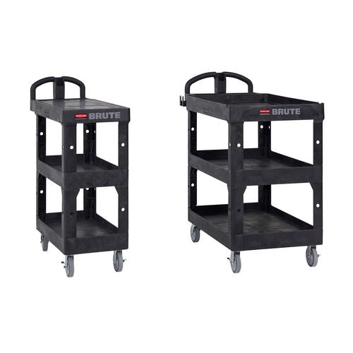 Image of Rubbermaid® Commercial BRUTE 3-Shelf Heavy-Duty Ergo Flat Utility Cart, Resin, 3 Shelves, 600 lb Capacity, 25.24" x 48.63" x 46.18", Black