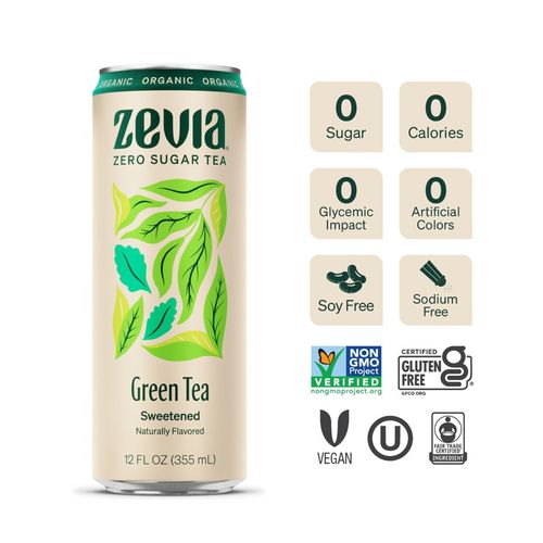 Image of Zevia® Zero Sugar Naturally Sweetened Green Tea, 12 oz Can, 12/Carton
