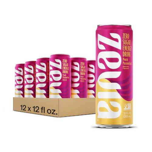 Image of Zevia® Zero Sugar Naturally Sweetened Energy Drink, Peach Passionfruit, 12 oz Cans, 12/Carton
