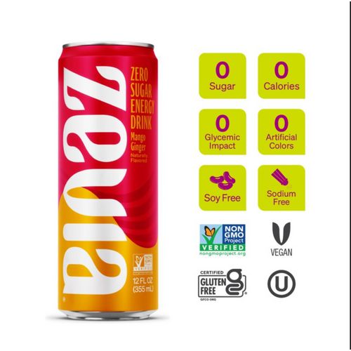 Image of Zevia® Zero Sugar Naturally Sweetened Energy Drink, Mango Ginger, 12 oz Can, 12/Carton