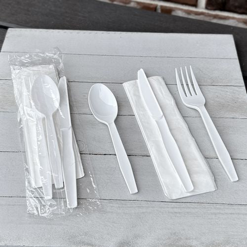 Image of Boardwalk® Four-Piece Polystyrene Cutlery Kit, Mediumweight, Fork/Knife/Napkin/Spoon, Plastic, White, 250/Carton