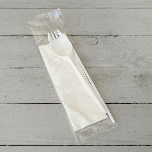Image of Boardwalk® School Cutlery Kit, Mediumweight, Napkin/Spork/Straw, 5.31", Plastic, White, 1,000/Carton