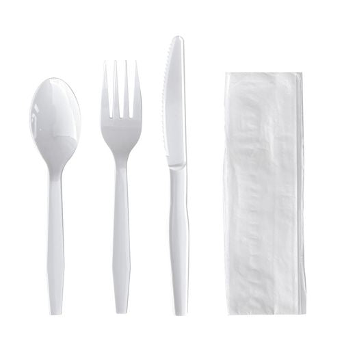 Image of Boardwalk® Four-Piece Polystyrene Cutlery Kit, Mediumweight, Fork/Knife/Napkin/Spoon, Plastic, White, 250/Carton