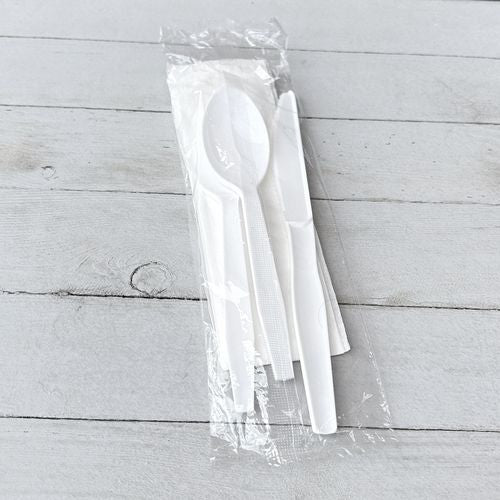Image of Boardwalk® Four-Piece Polystyrene Cutlery Kit, Mediumweight, Fork/Knife/Napkin/Spoon, Plastic, White, 250/Carton
