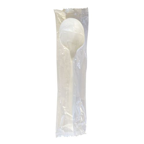 Image of Boardwalk® Mediumweight Wrapped Polypropylene Cutlery, Soup Spoon, 4.86", Plastic, White, 1,000/Carton