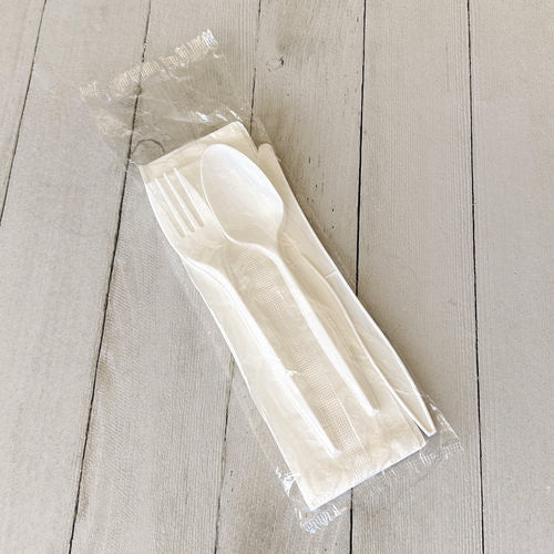 Image of Boardwalk® Four-Piece Polypropylene Cutlery Kit, Mediumweight, Fork/Knife/Napkin/Spoon, Plastic, White, 250/Carton