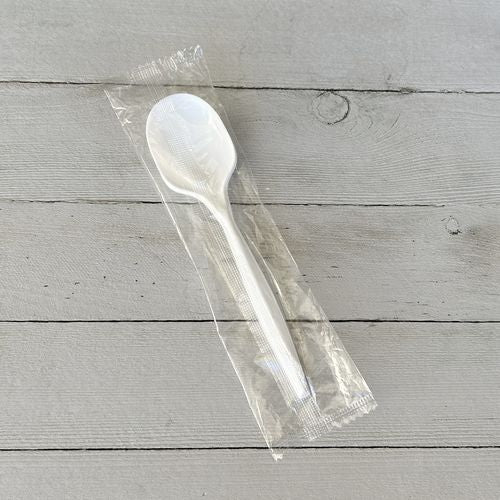 Image of Boardwalk® Mediumweight Wrapped Polypropylene Cutlery, Soup Spoon, 4.86", Plastic, White, 1,000/Carton