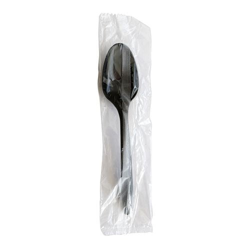 Image of Boardwalk® Mediumweight Polypropylene Cutlery, Individually Wrapped, Spoon, Plastic, Black, 1,000/Carton