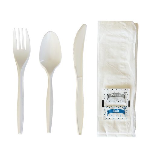 Image of Boardwalk® Six-Piece Cutlery Kit, Mediumweight, Fork/Knife/Napkin/Pepper/Salt/Spoon, 5.86", Plastic, White, 250/Carton