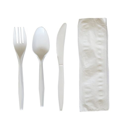 Image of Boardwalk® Four-Piece Polypropylene Cutlery Kit, Mediumweight, Fork/Knife/Napkin/Spoon, Plastic, White, 250/Carton