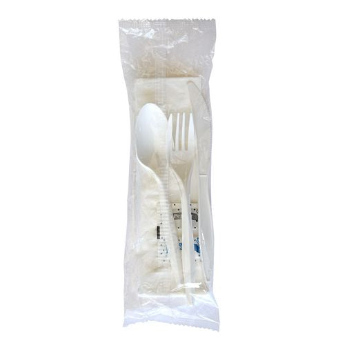 Image of Boardwalk® Six-Piece Cutlery Kit, Mediumweight, Fork/Knife/Napkin/Pepper/Salt/Spoon, 5.86", Plastic, White, 250/Carton