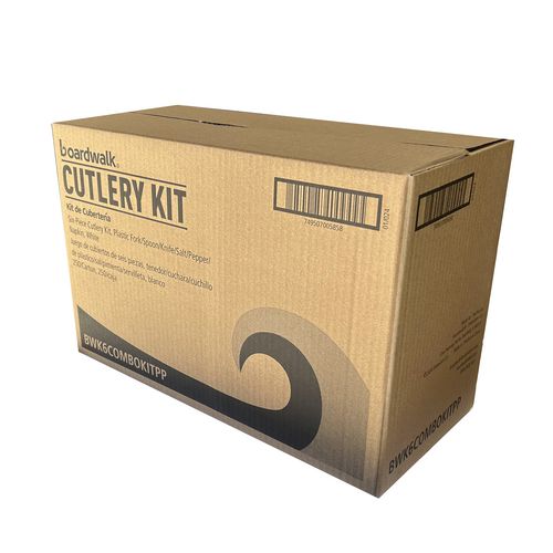 Image of Boardwalk® Six-Piece Cutlery Kit, Mediumweight, Fork/Knife/Napkin/Pepper/Salt/Spoon, 5.86", Plastic, White, 250/Carton