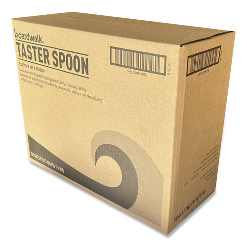 Image of Boardwalk® Mediumweight Wrapped Polypropylene Cutlery, Spoon, 5.31", Plastic, White, 1,000/Carton